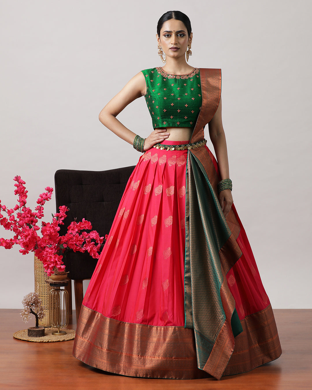 Green &amp; Pink Pre-Draped Lehenga Set