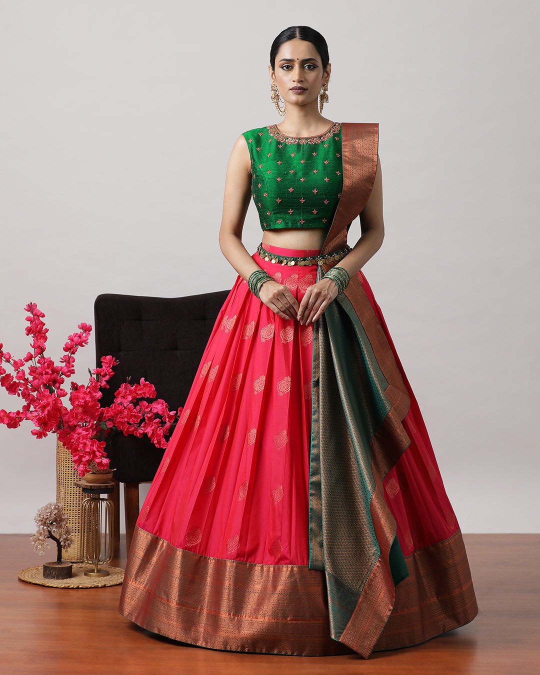 Green &amp; Pink Pre-Draped Lehenga Set