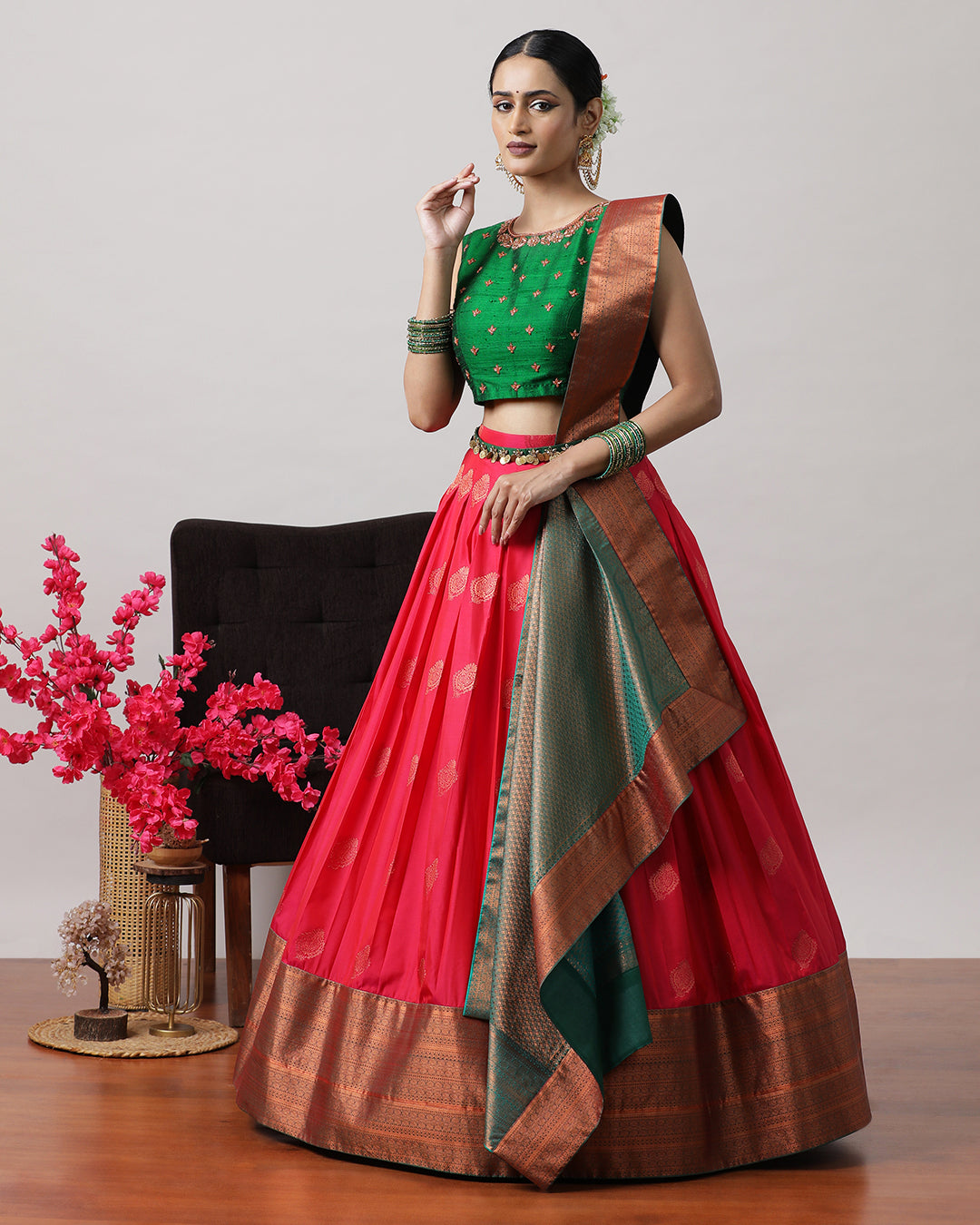 Green &amp; Pink Pre-Draped Lehenga Set