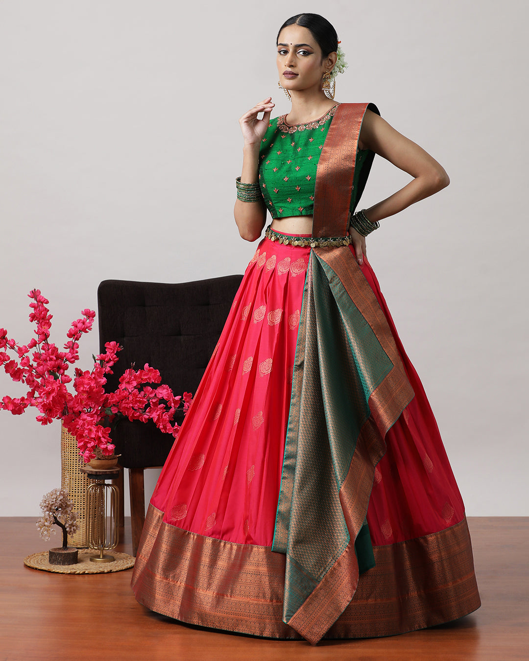 Green &amp; Pink Pre-Draped Lehenga Set