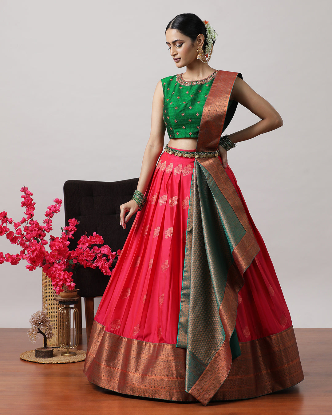 Green &amp; Pink Pre-Draped Lehenga Set