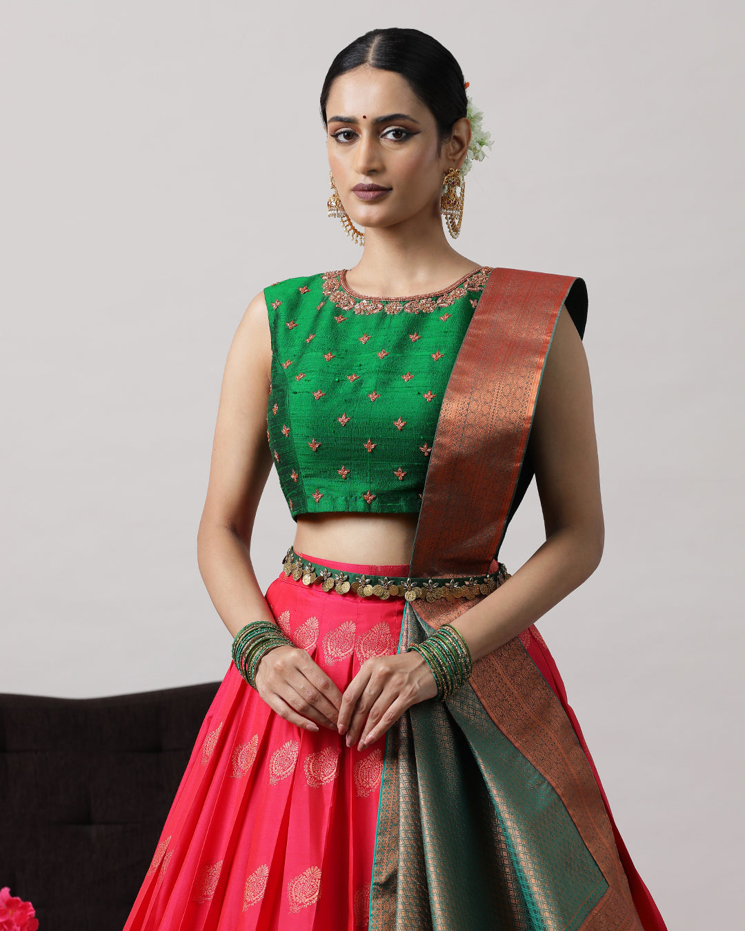 Green &amp; Pink Pre-Draped Lehenga Set