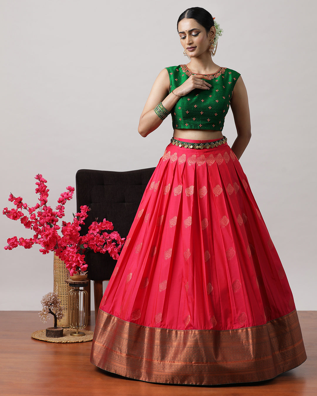 Green &amp; Pink Pre-Draped Lehenga Set