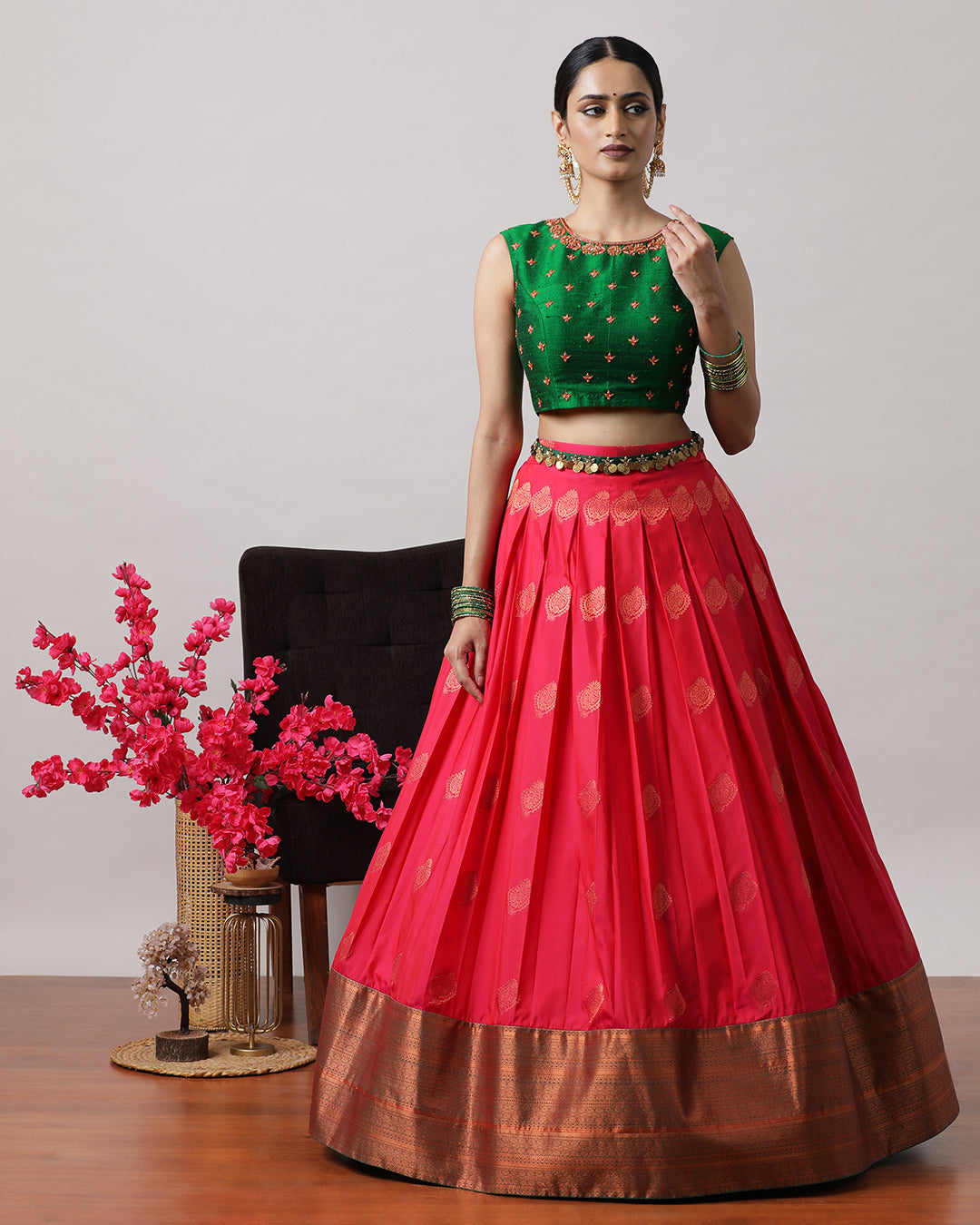 Green &amp; Pink Pre-Draped Lehenga Set