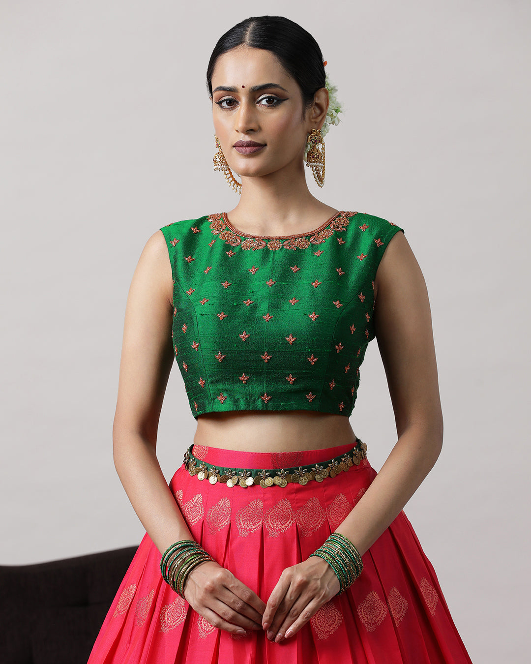 Green &amp; Pink Pre-Draped Lehenga Set