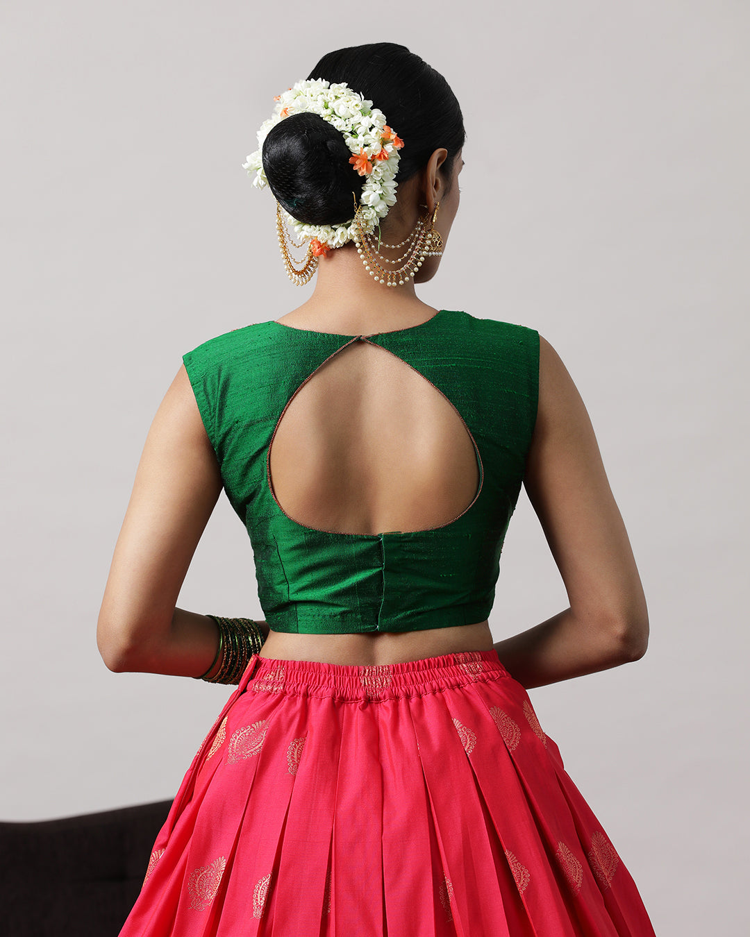 Green &amp; Pink Pre-Draped Lehenga Set