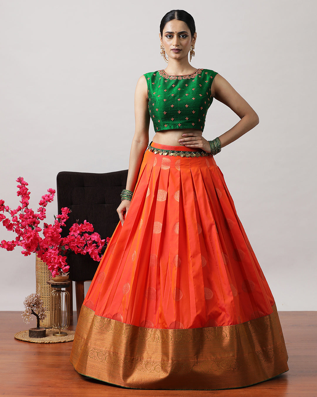 Orange &amp; Green Pre-Draped Lehenga Set