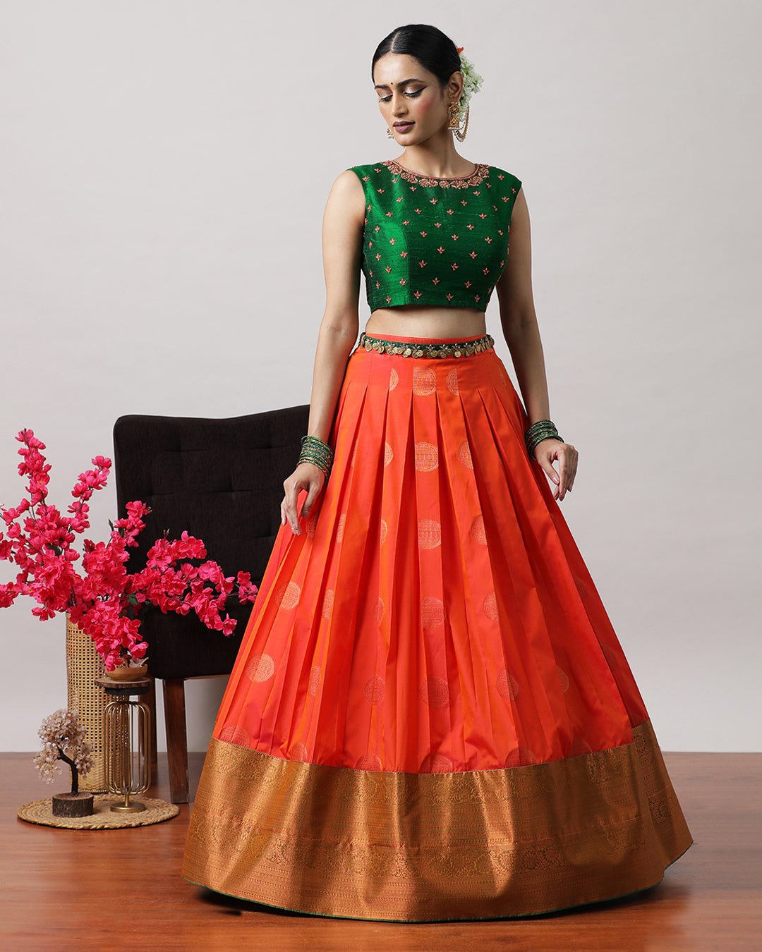 Orange &amp; Green Pre-Draped Lehenga Set