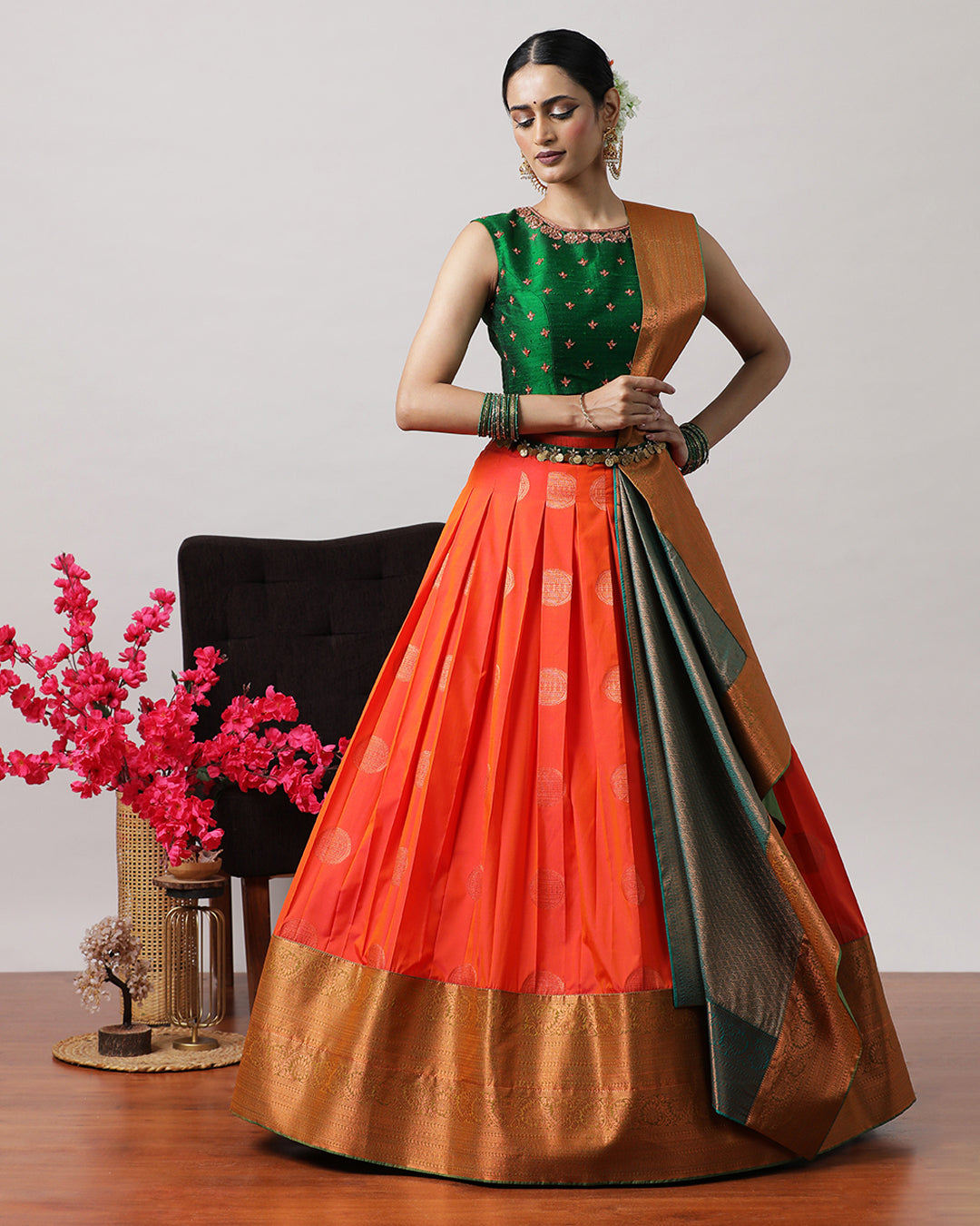 Orange &amp; Green Pre-Draped Lehenga Set