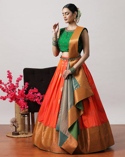 Orange &amp; Green Pre-Draped Lehenga Set