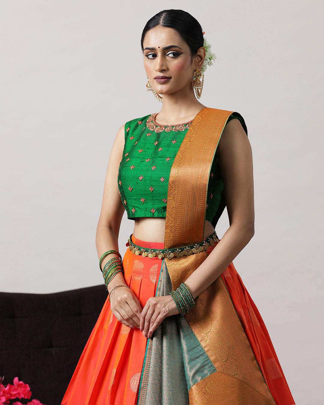 Orange &amp; Green Pre-Draped Lehenga Set