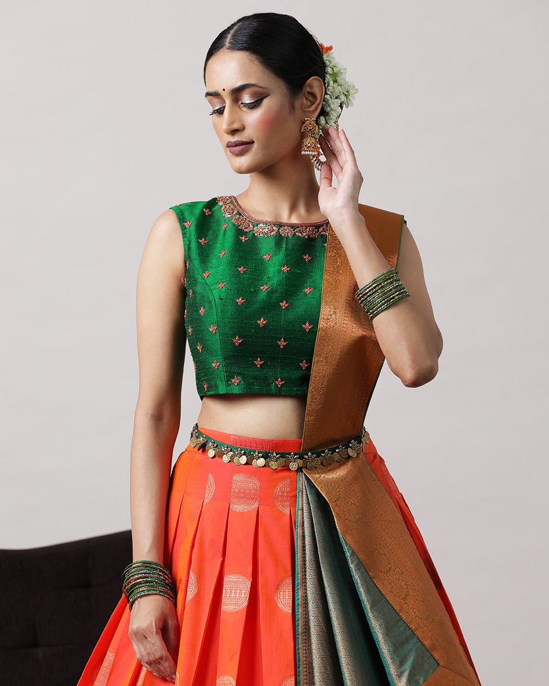 Orange &amp; Green Pre-Draped Lehenga Set