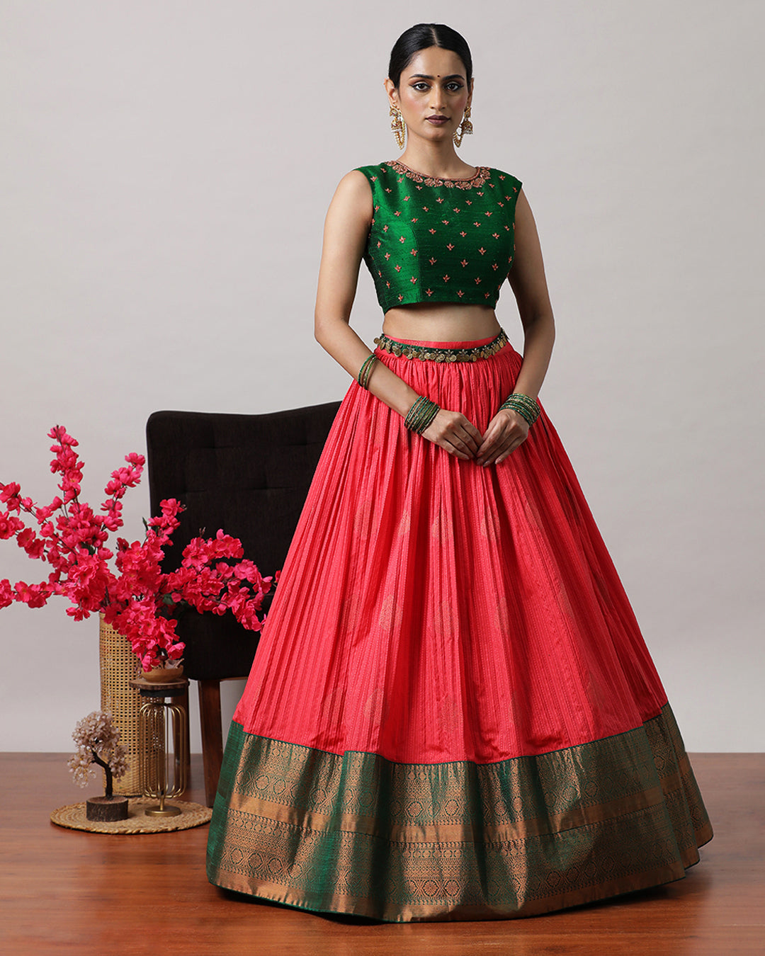 Rosy Pink &amp; Green Pre-Draped Lehenga Set