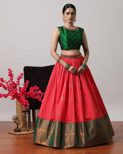 Rosy Pink &amp; Green Pre-Draped Lehenga Set