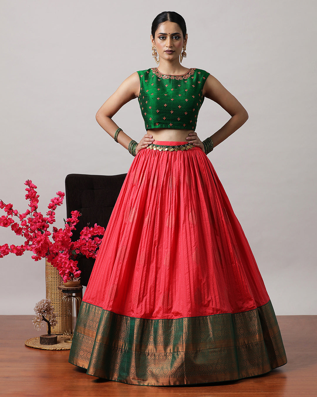 Rosy Pink &amp; Green Pre-Draped Lehenga Set