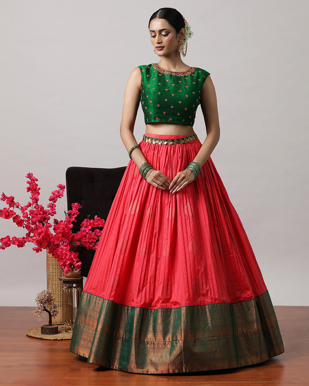 Rosy Pink &amp; Green Pre-Draped Lehenga Set