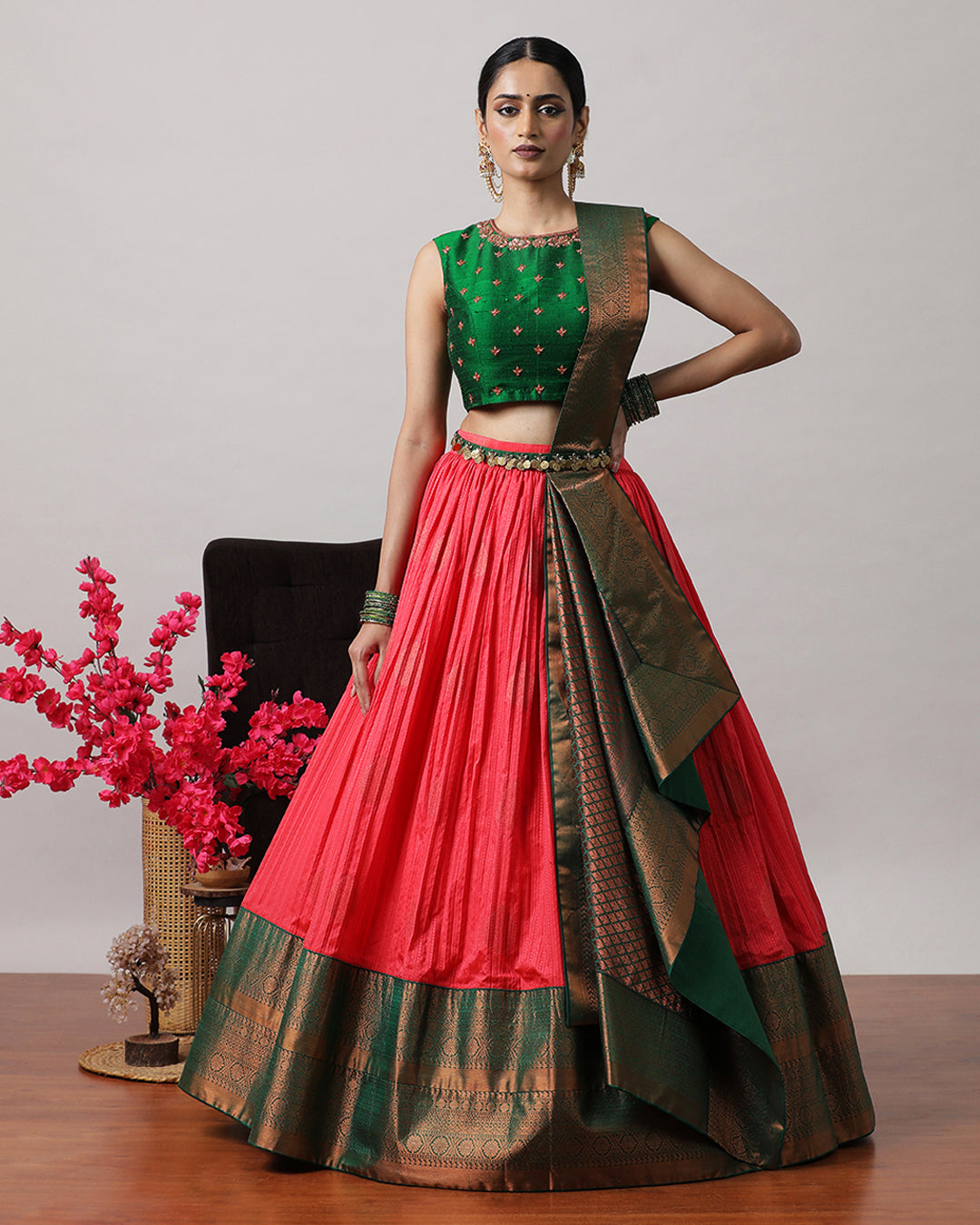 Rosy Pink &amp; Green Pre-Draped Lehenga Set