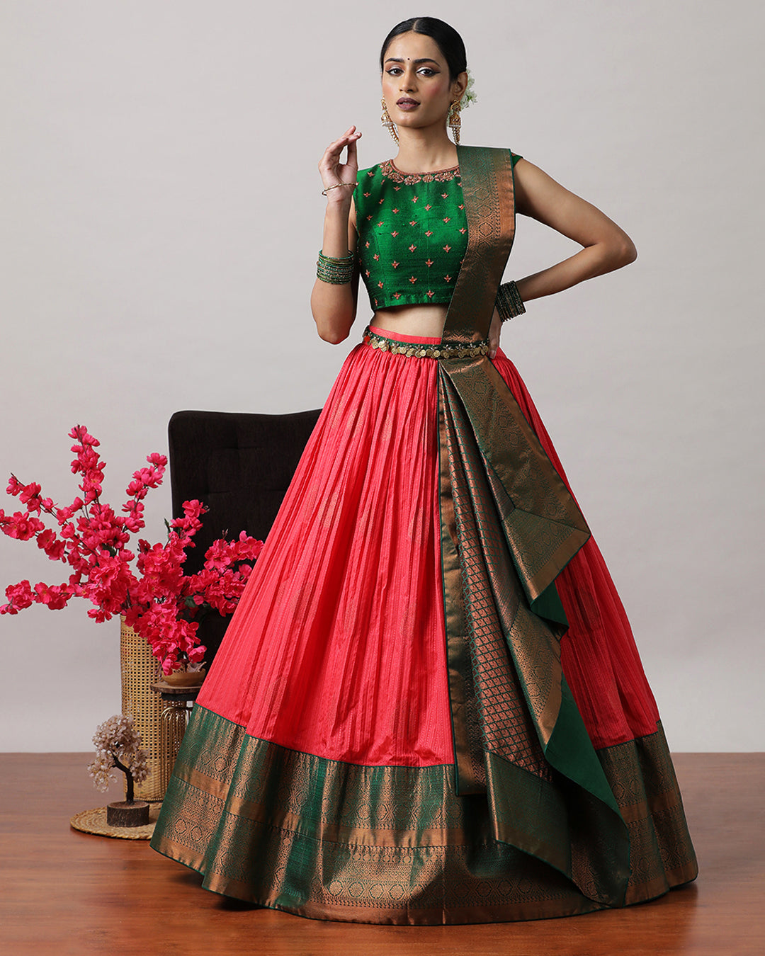 Rosy Pink &amp; Green Pre-Draped Lehenga Set