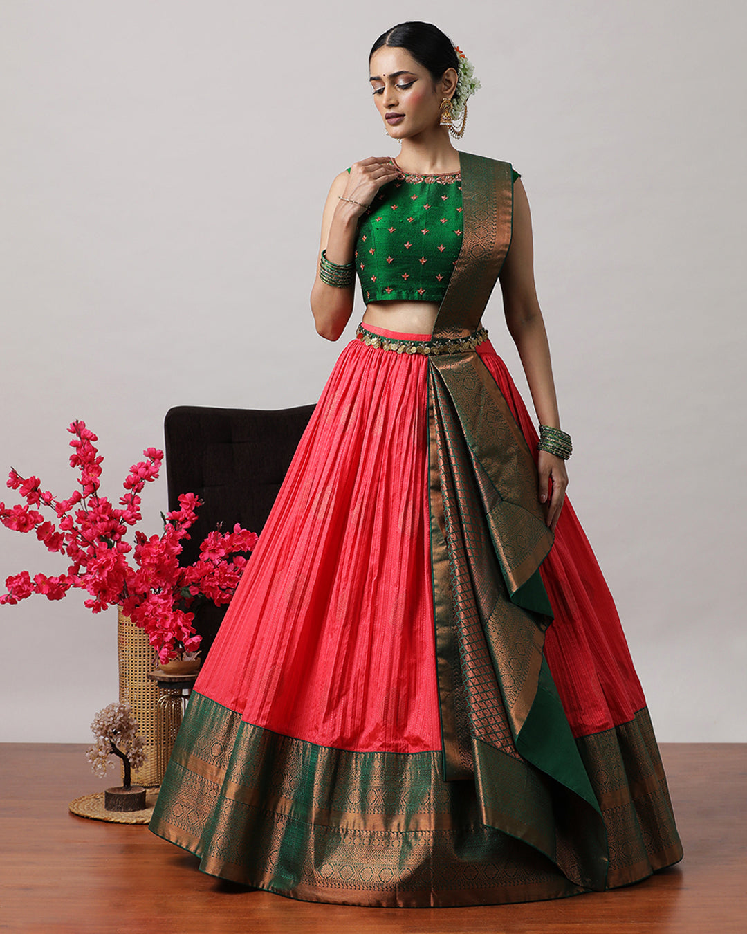 Rosy Pink &amp; Green Pre-Draped Lehenga Set