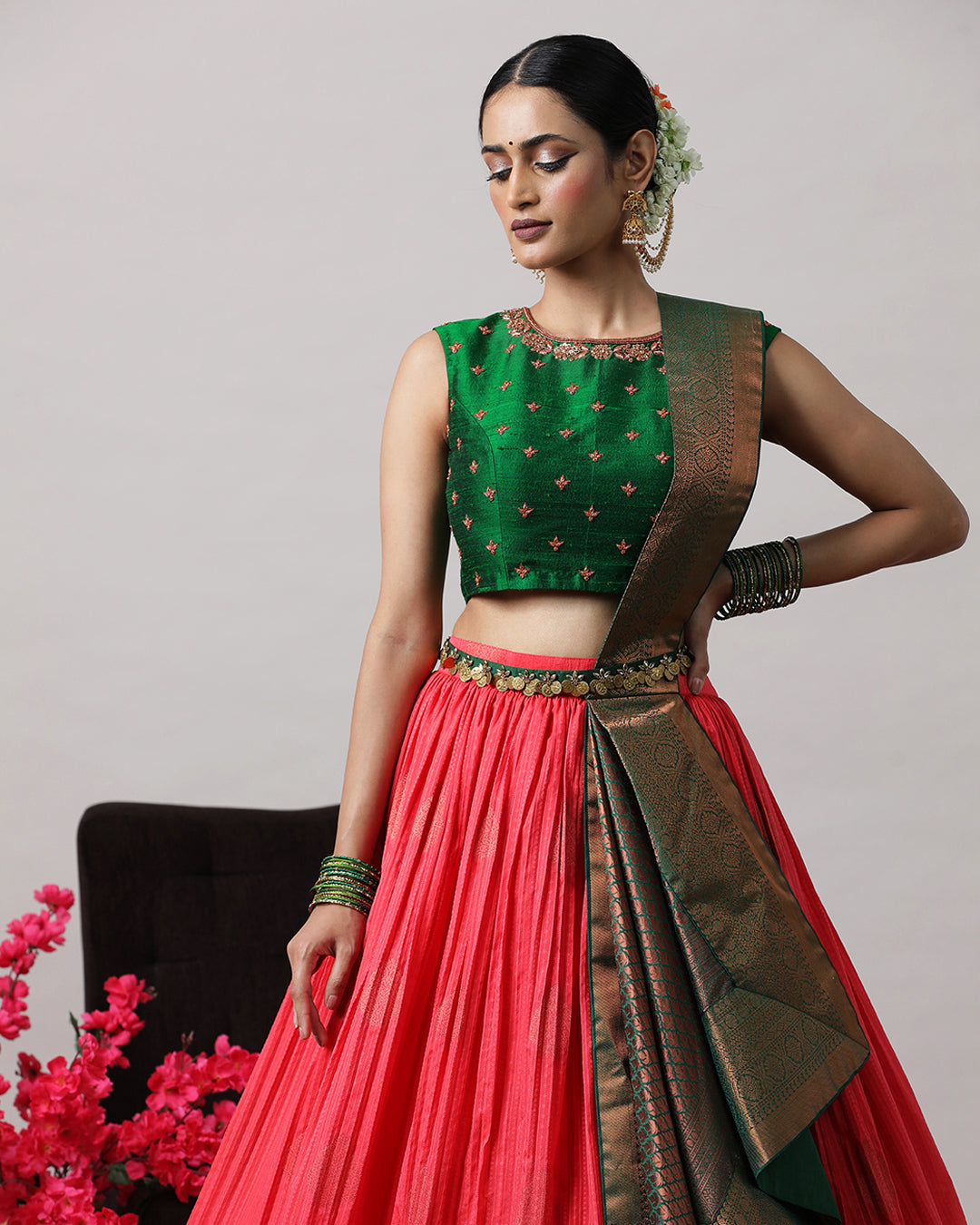 Rosy Pink &amp; Green Pre-Draped Lehenga Set