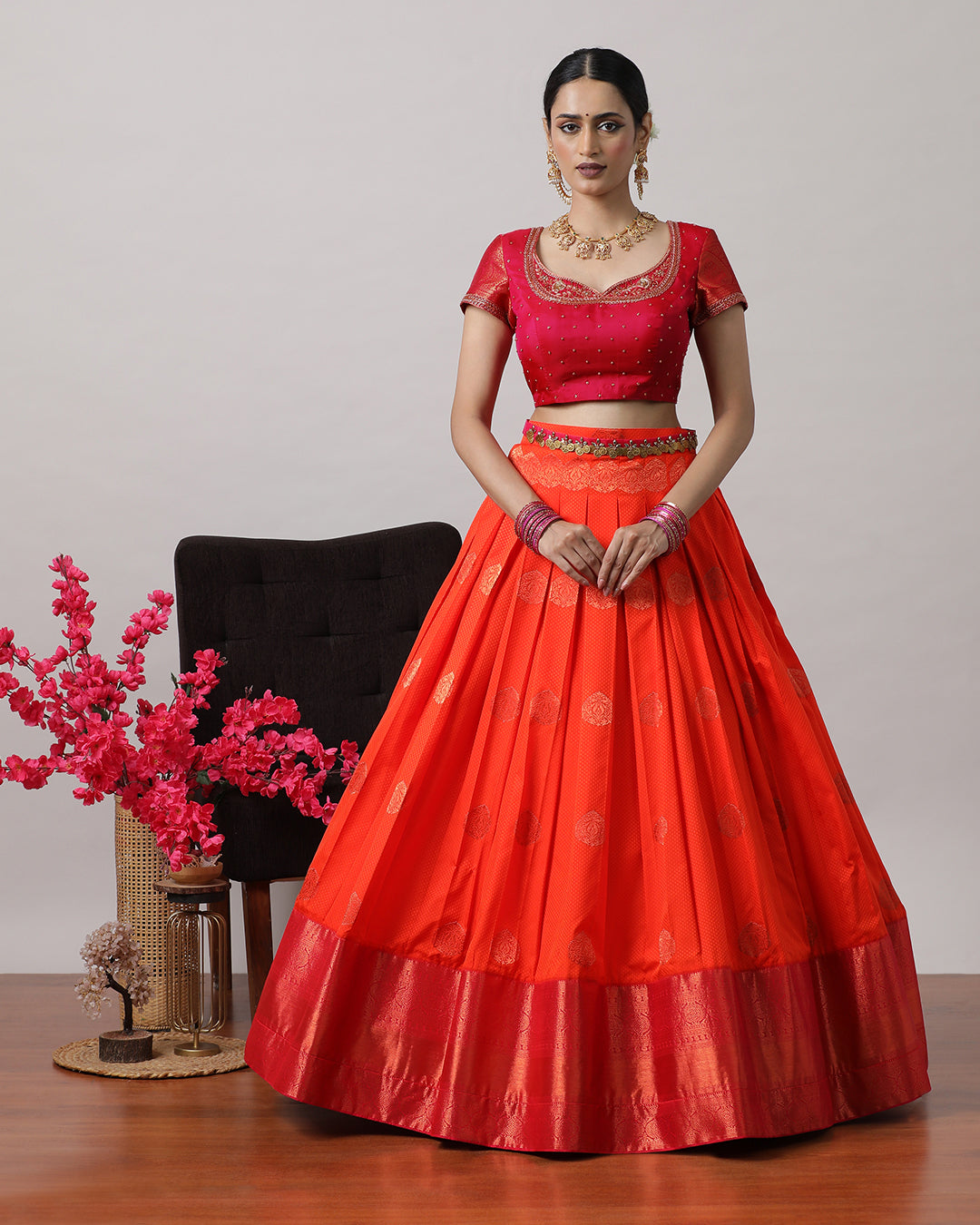 Orangish Red &amp; Pink Pre-Draped Lehanga Set