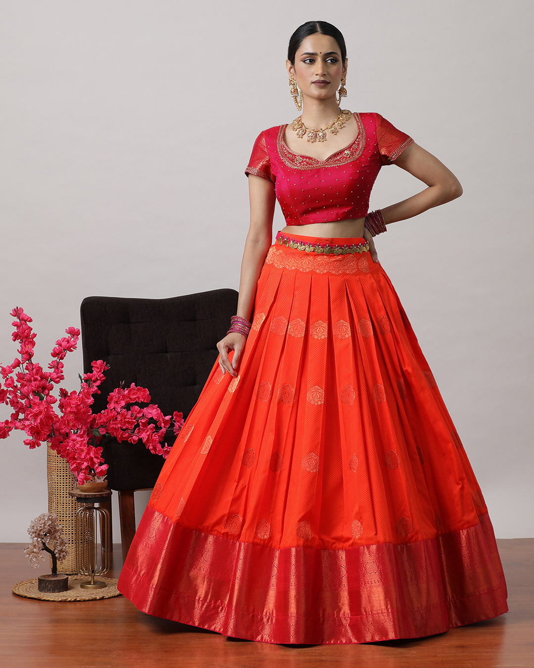 Orangish Red &amp; Pink Pre-Draped Lehanga Set