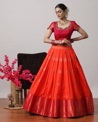 Orangish Red &amp; Pink Pre-Draped Lehanga Set