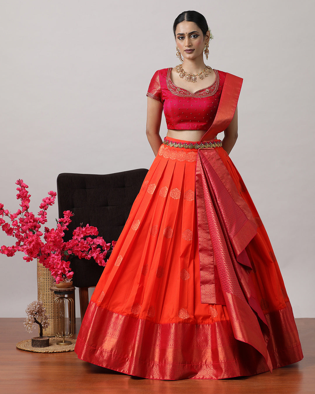 Orangish Red &amp; Pink Pre-Draped Lehanga Set