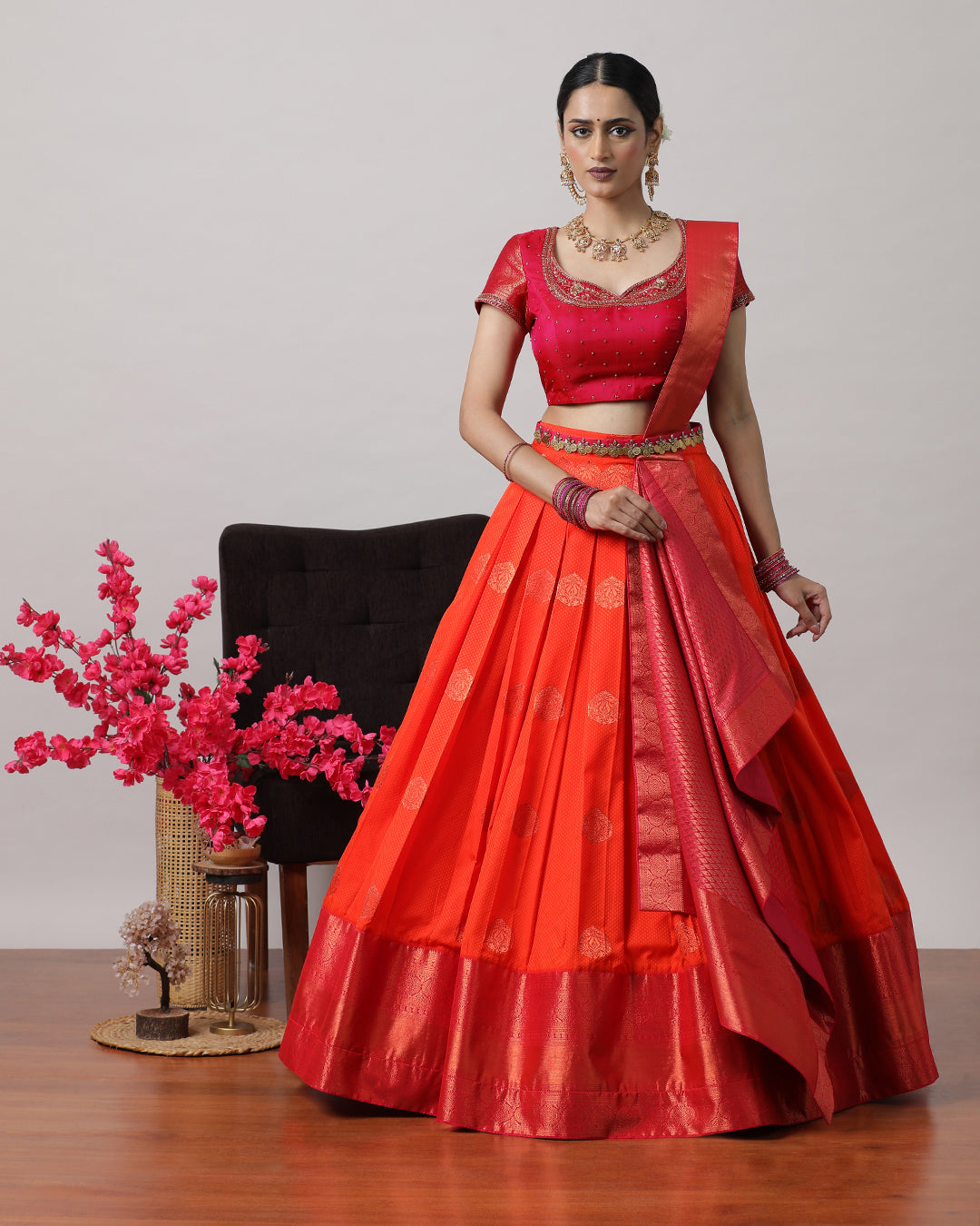 Orangish Red &amp; Pink Pre-Draped Lehanga Set