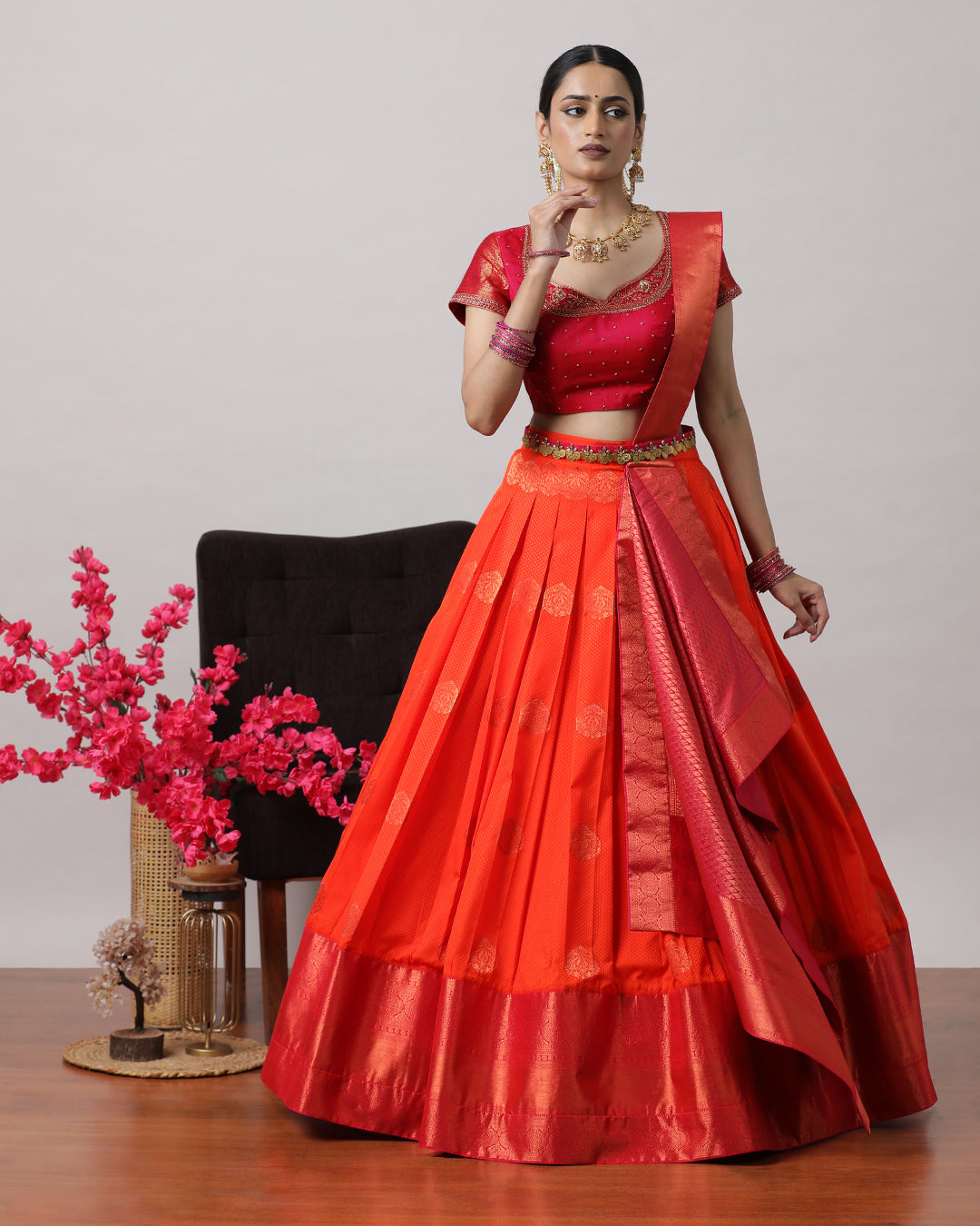 Orangish Red &amp; Pink Pre-Draped Lehanga Set