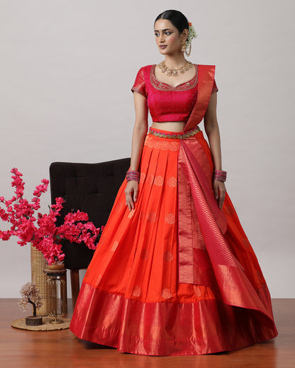 Orangish Red &amp; Pink Pre-Draped Lehanga Set