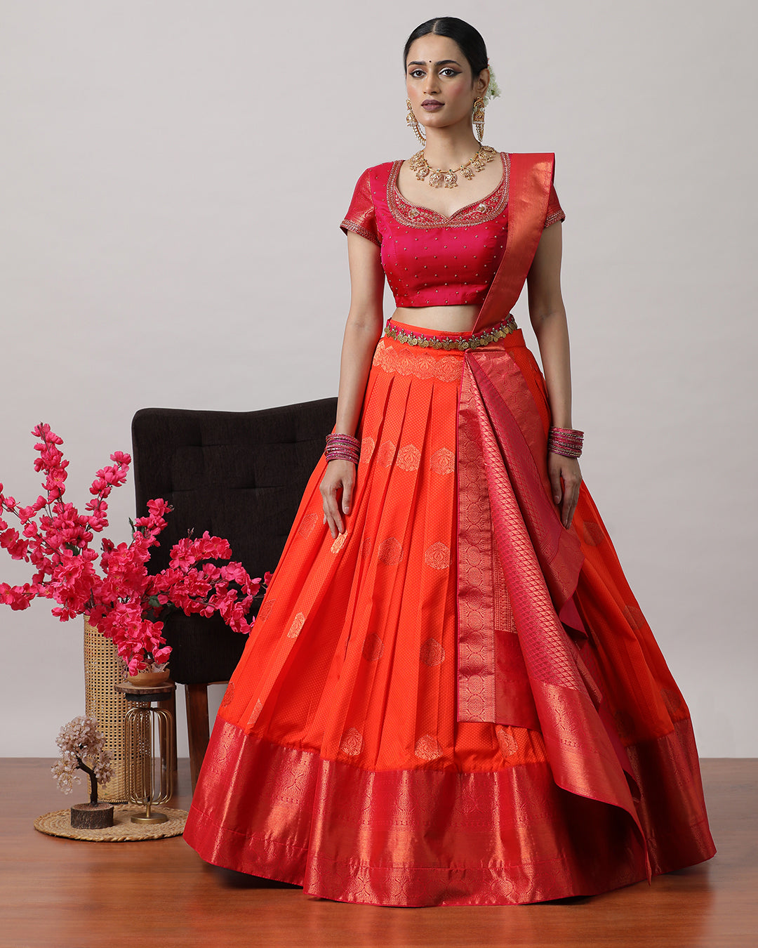 Orangish Red &amp; Pink Pre-Draped Lehanga Set