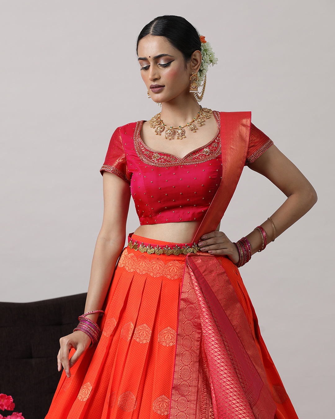 Orangish Red &amp; Pink Pre-Draped Lehanga Set