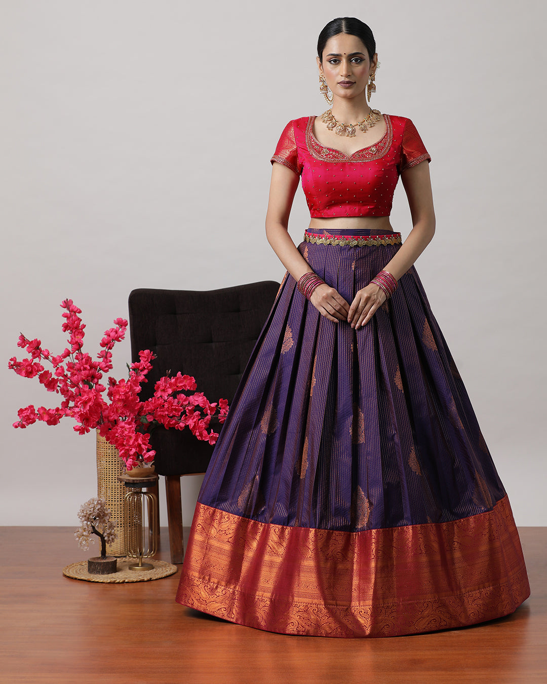 Purple &amp; Pink Pre-Draped Lehenga Set