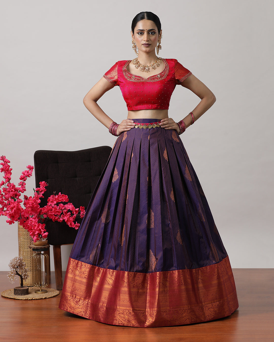 Purple &amp; Pink Pre-Draped Lehenga Set