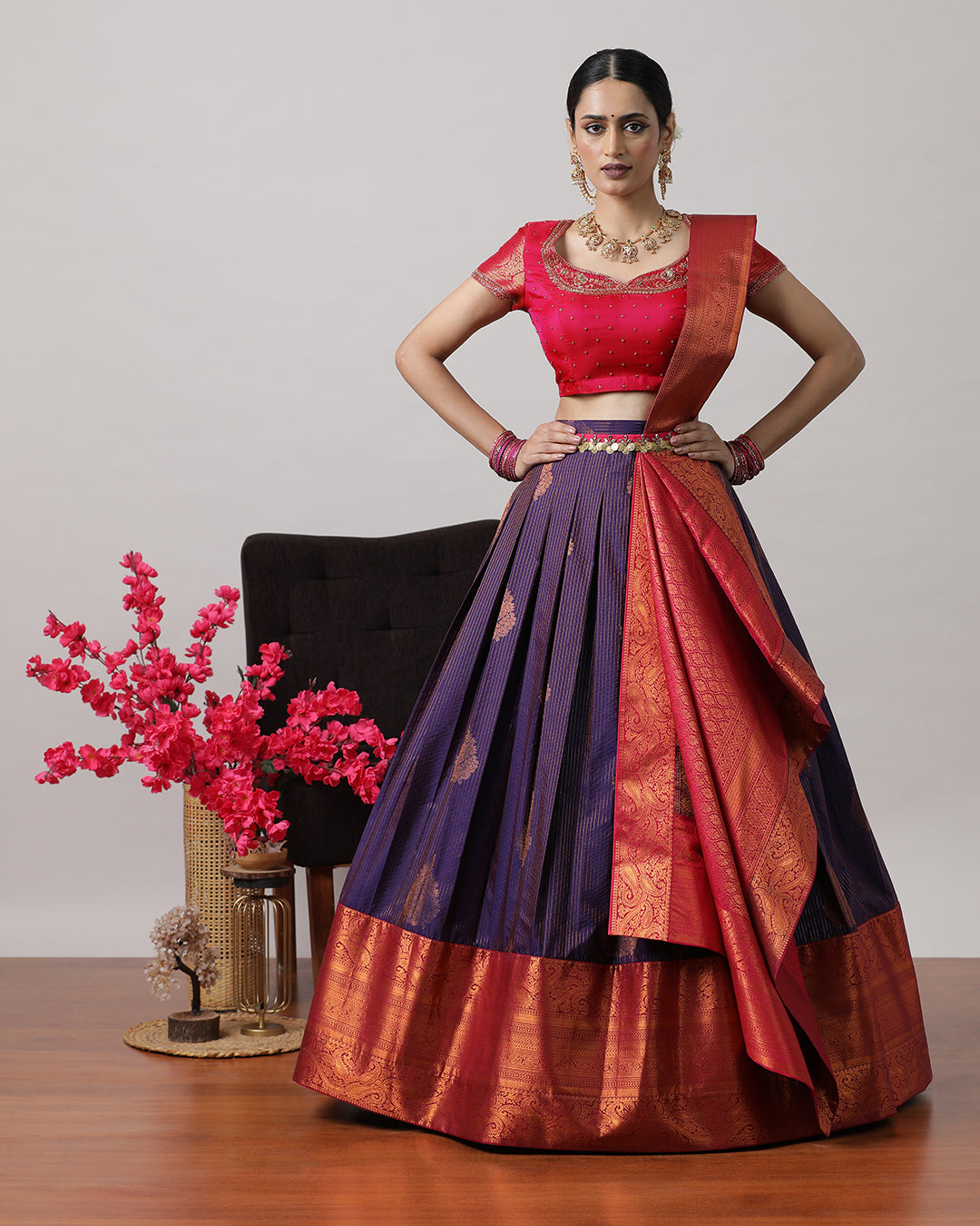 Purple &amp; Pink Pre-Draped Lehenga Set