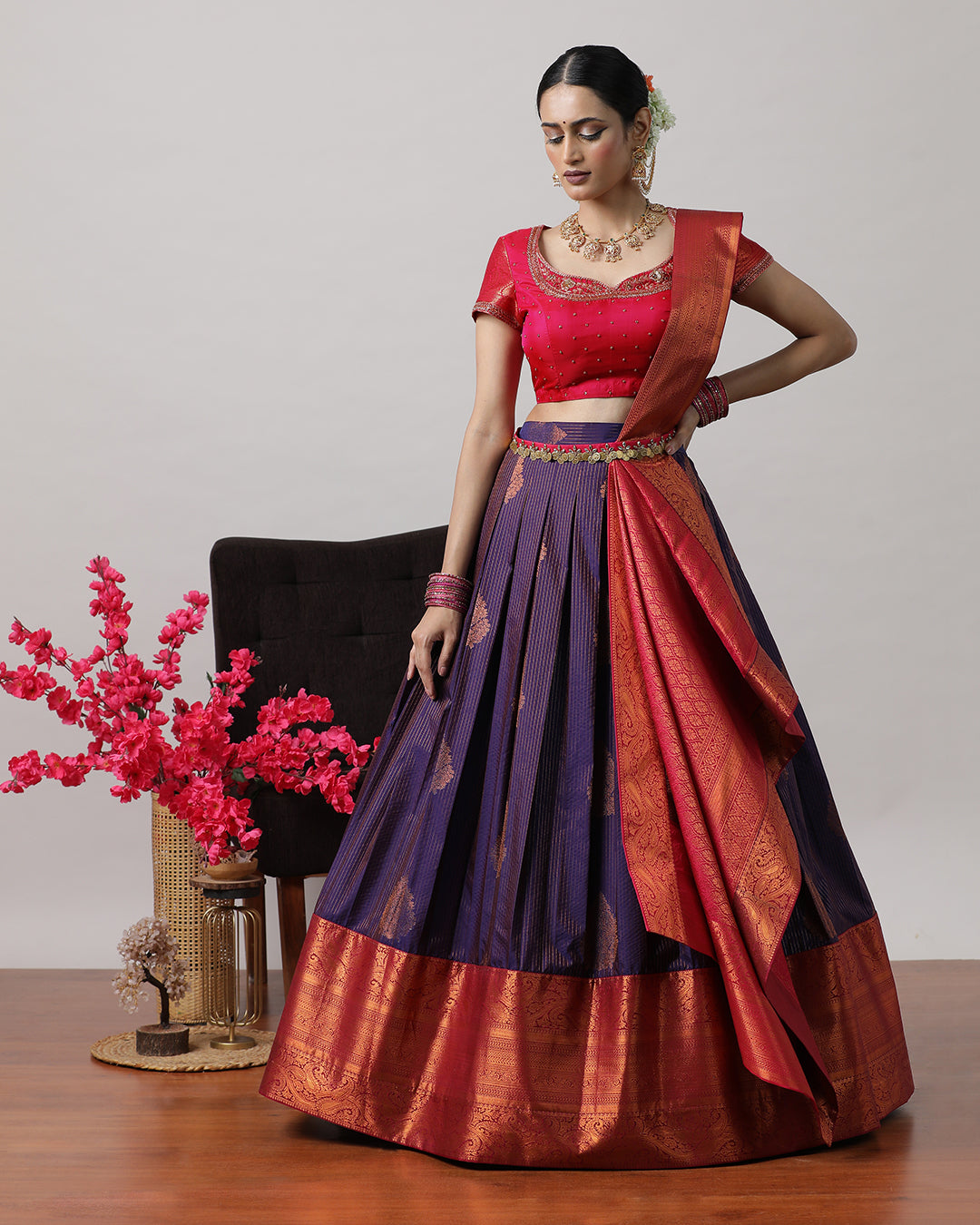 Purple &amp; Pink Pre-Draped Lehenga Set