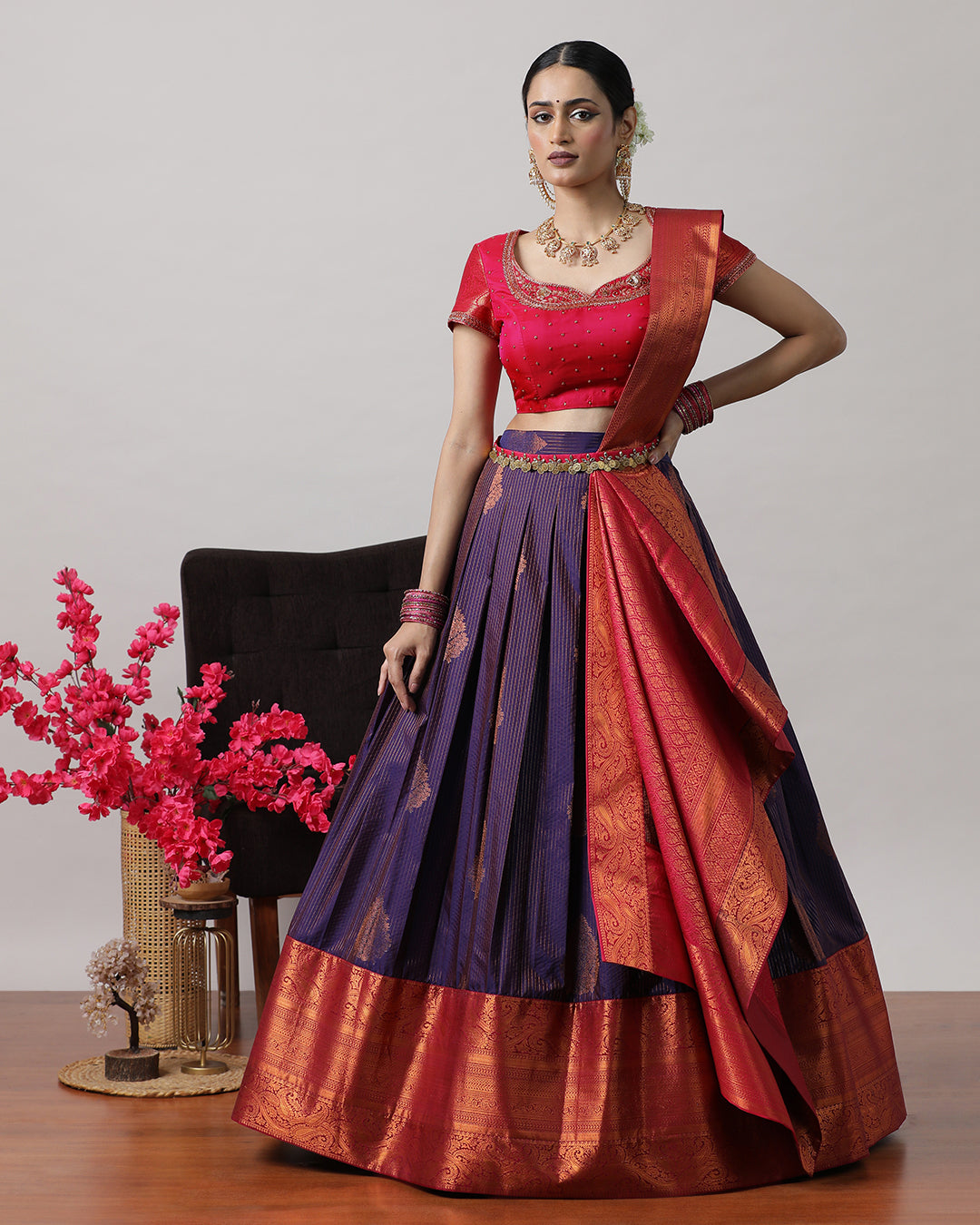 Purple &amp; Pink Pre-Draped Lehenga Set