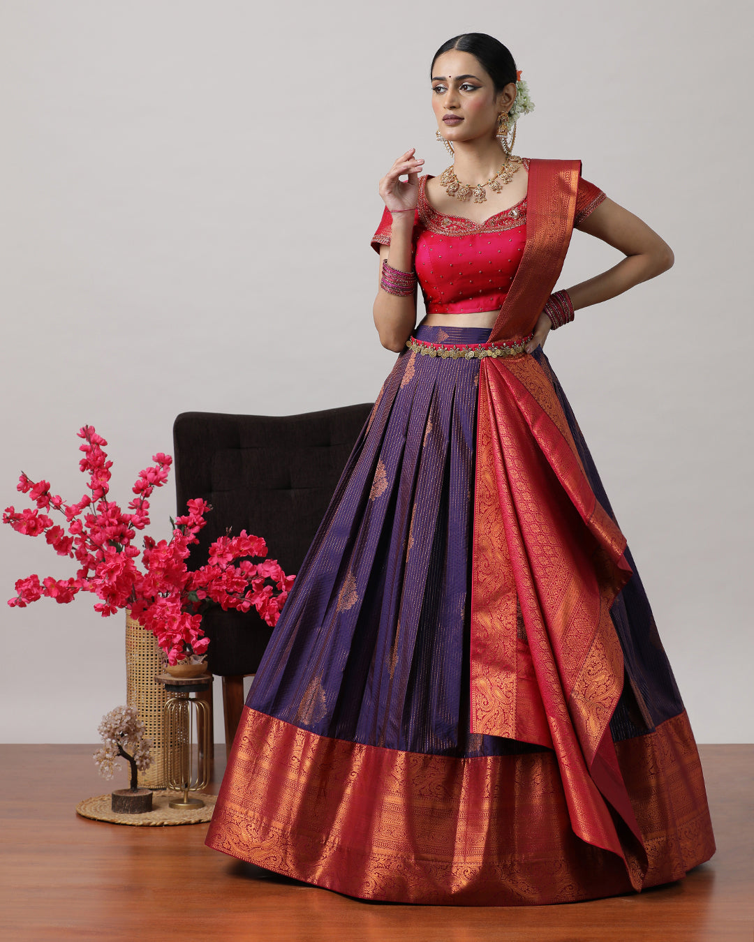 Purple &amp; Pink Pre-Draped Lehenga Set