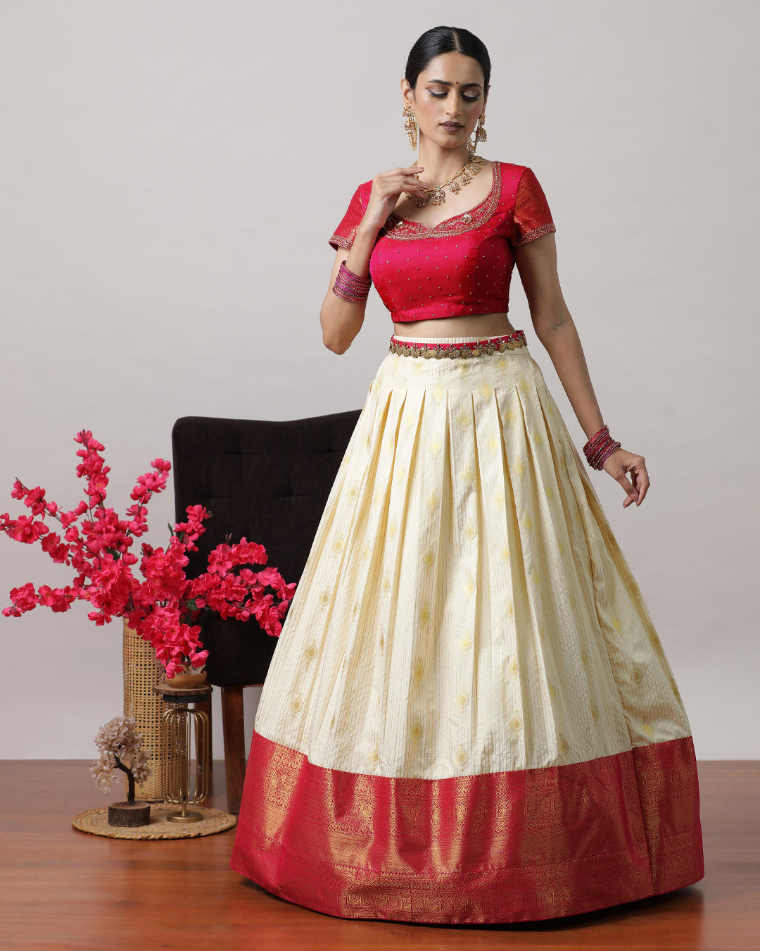 Cream &amp; Pink Pre-Draped Lehenga Set