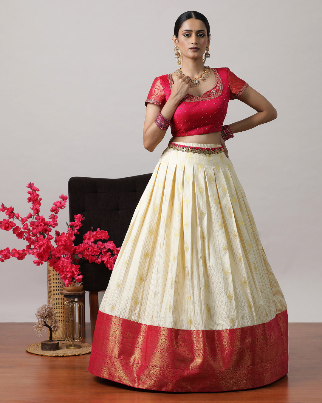 Cream & Pink Pre-Draped Lehenga Set