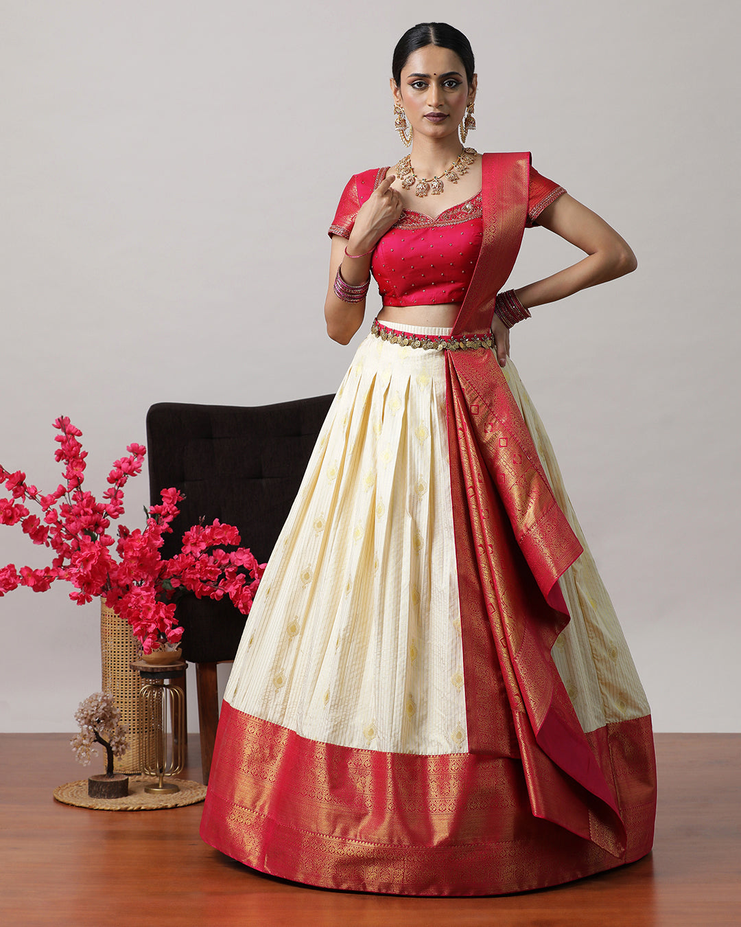 Cream & Pink Pre-Draped Lehenga Set