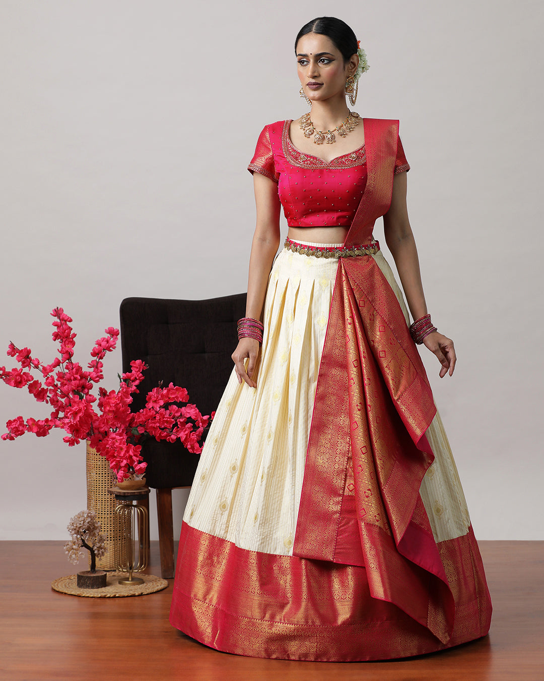 Cream &amp; Pink Pre-Draped Lehenga Set