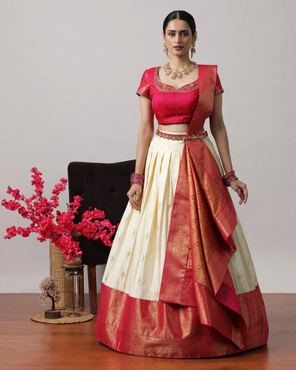 Cream &amp; Pink Pre-Draped Lehenga Set