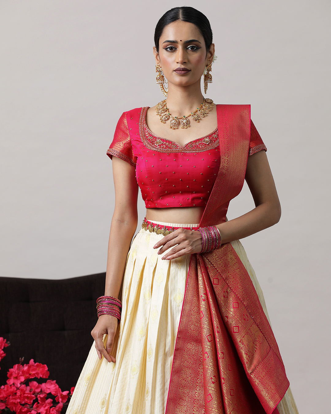 Cream & Pink Pre-Draped Lehenga Set