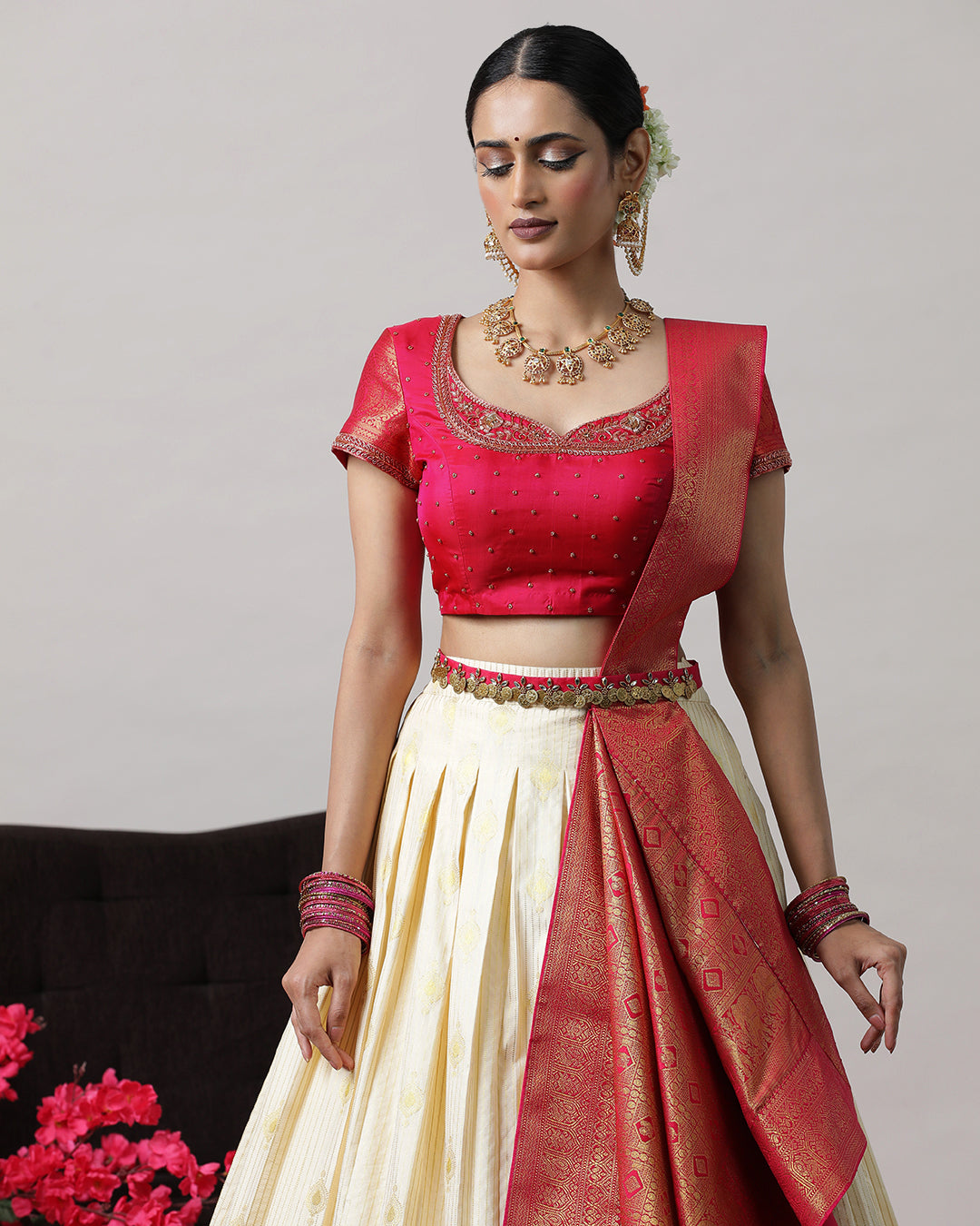 Cream &amp; Pink Pre-Draped Lehenga Set