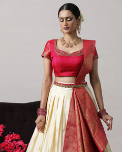 Cream & Pink Pre-Draped Lehenga Set