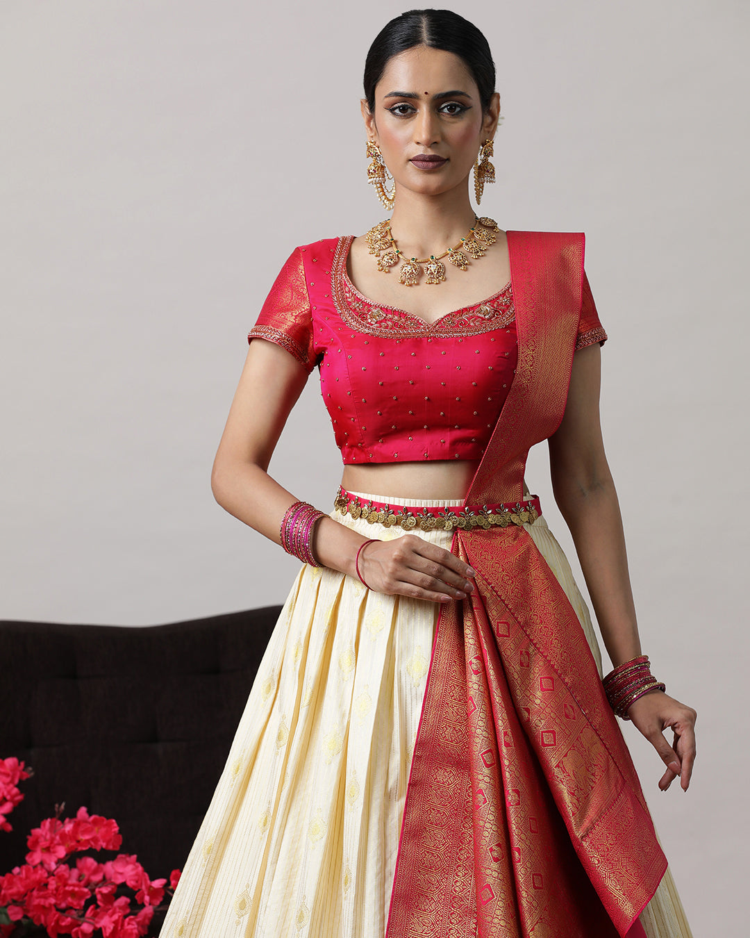 Cream &amp; Pink Pre-Draped Lehenga Set