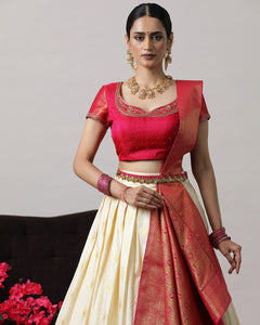 Cream & Pink Pre-Draped Lehenga Set