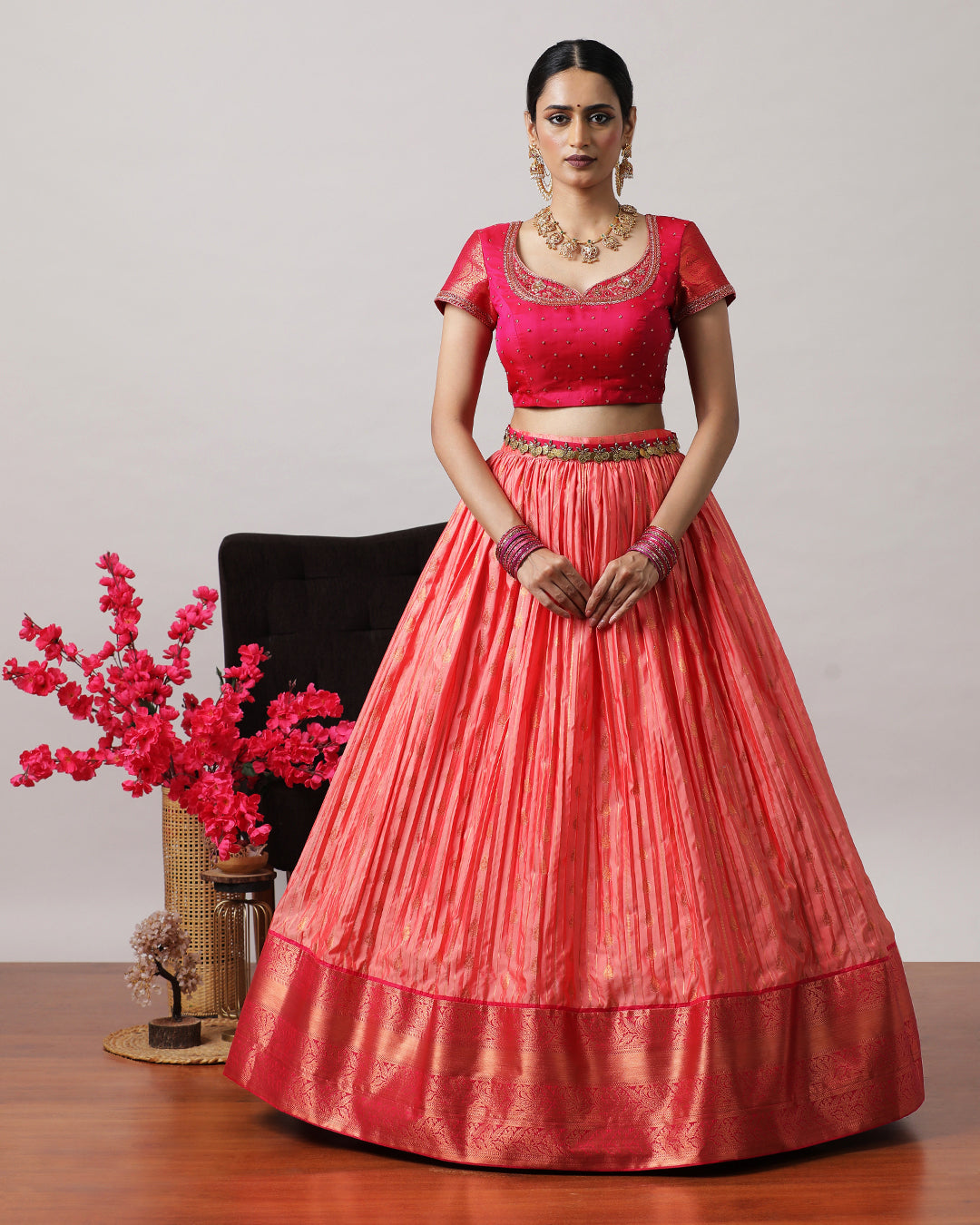 Peach &amp; Pink Pre-Draped Lehenga Set